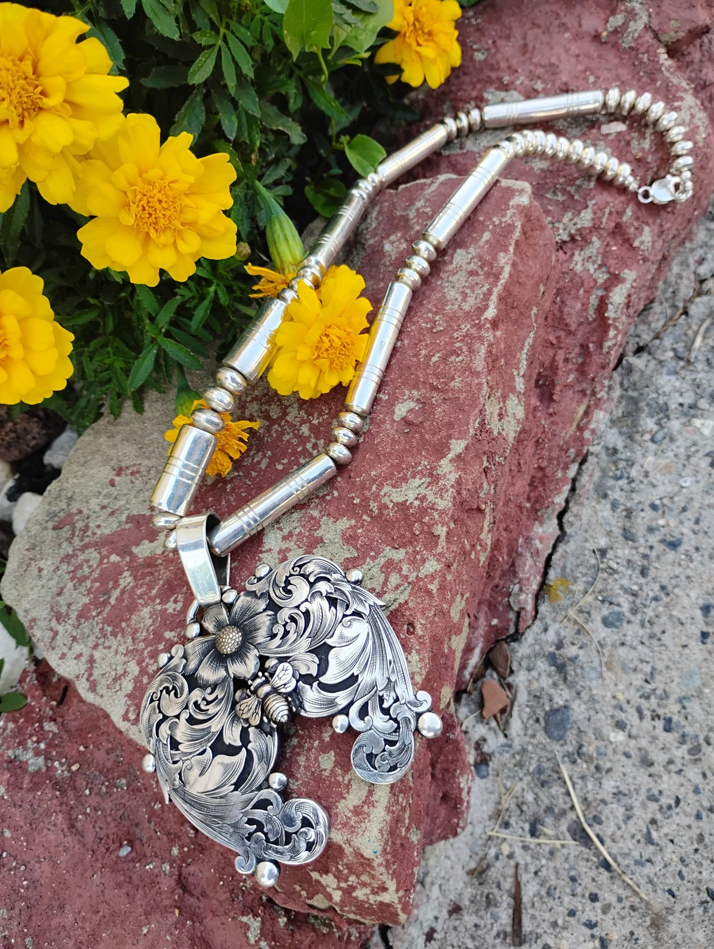 Hand Engraved Naja Pendant and Handmade Beaded Necklace
