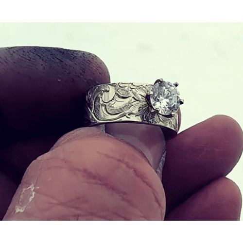 14 kt. White Gold Ring Band (8mm wide) with a 1 ct. Moissanite Hand Engraved