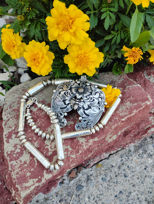 Hand Engraved Naja Pendant and Handmade Beaded Necklace