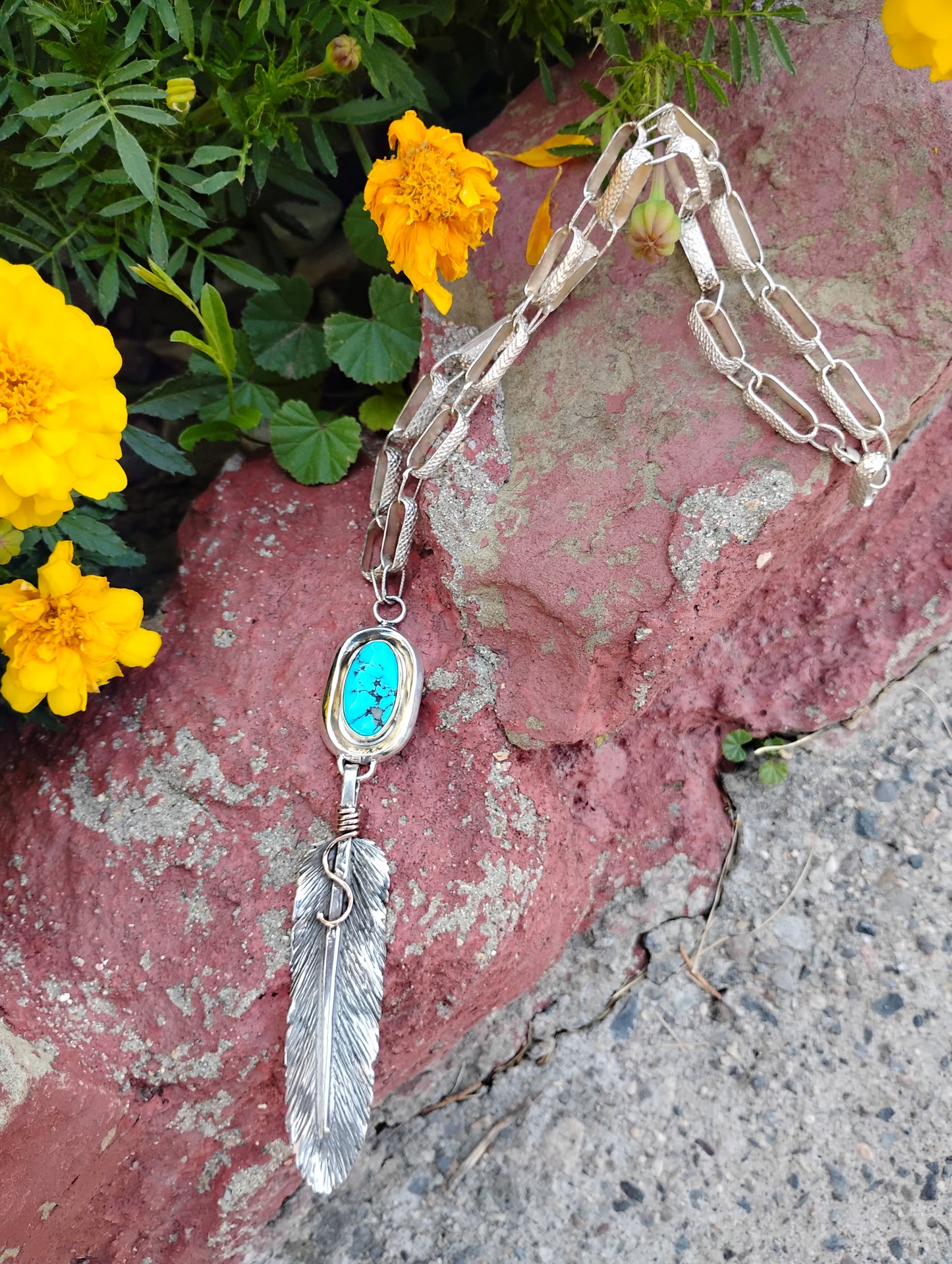 Kingman Turquoise and Feather Pendant