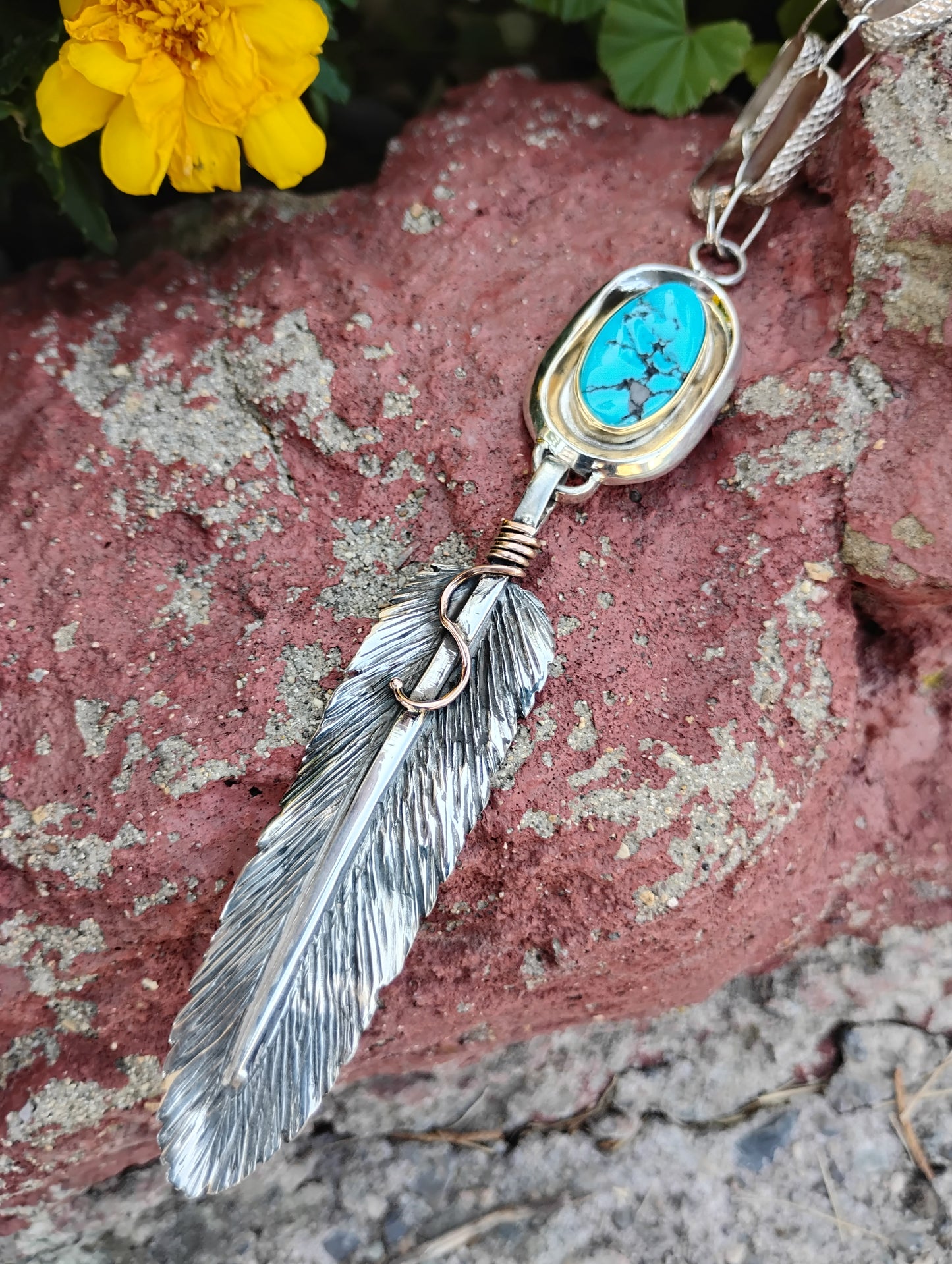 Kingman Turquoise and Feather Pendant