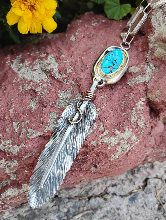 Kingman Turquoise and Feather Pendant