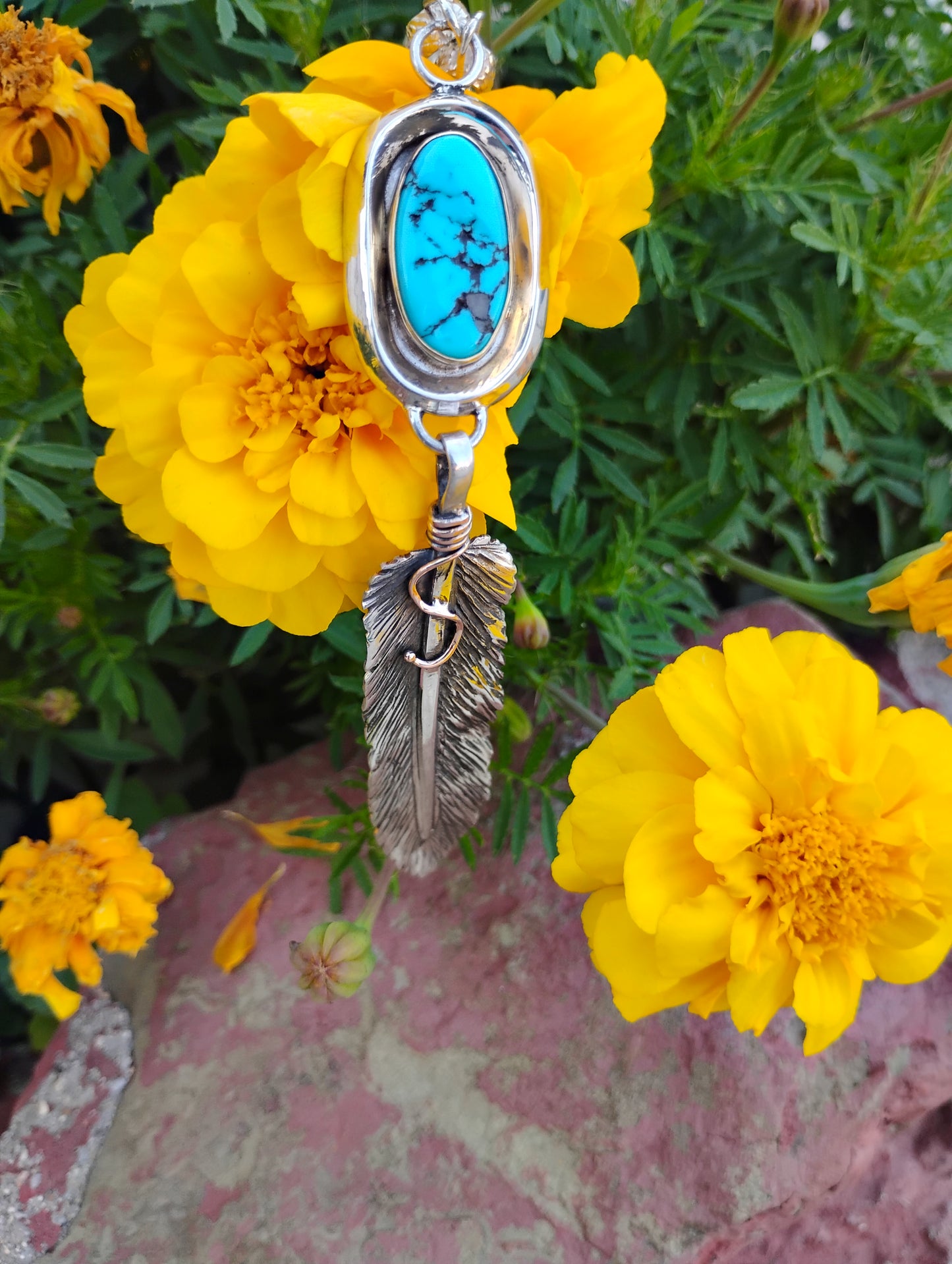 Kingman Turquoise and Feather Pendant
