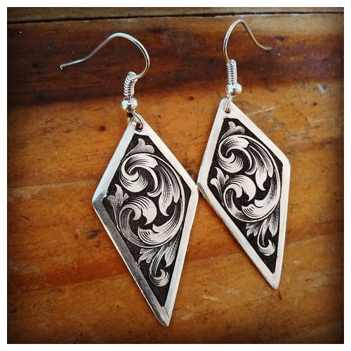 Sterling Silver Diamond Shaped Hand Engraved Earrings
